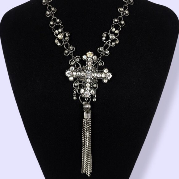 Gothic Swirling Rhinestone Cross Necklace - Picture 3 of 7